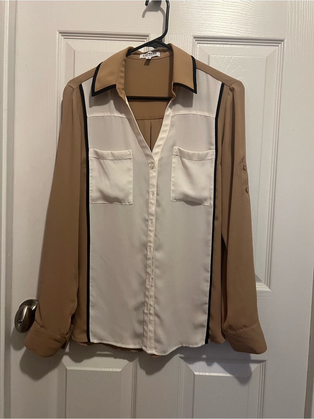 Express Two-Tone Cream Front Beige Sleeve Button-Down Blouse with Black Trim